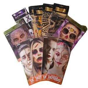 Lot of 11 Temporary Tattoos -4 Sleeves, 1 Glove, 6 Face Blood Stitches Halloween